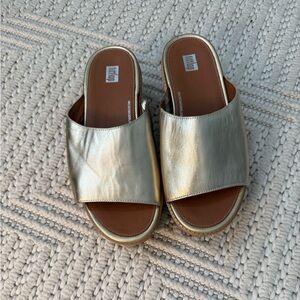 FitFlop Eloise Cork-Wrap Leather Wedge Slides Gold Metallic Size 8